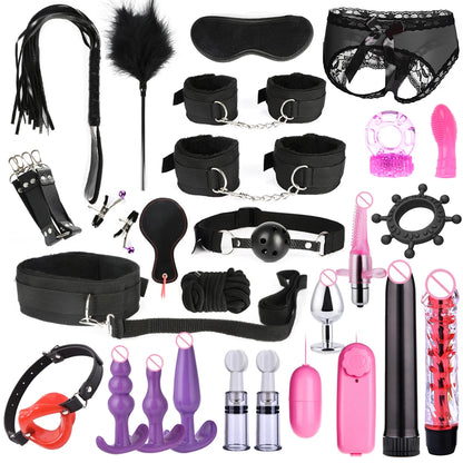 Hot Exotic Bed Bondage Set BDSM Kits Exotic Sex Toys For Women Adults Games Leather Handcuffs Whip Gag Nipple Clamps Sex Shop