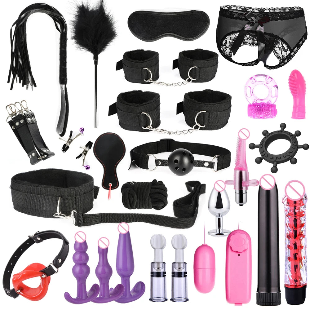 Erotic Sex Toys For Women Adults Games Nylon Bondage BDSM Kits Handcuffs Sex Whip Mouth Gag Rabbit Tail Anal Plug