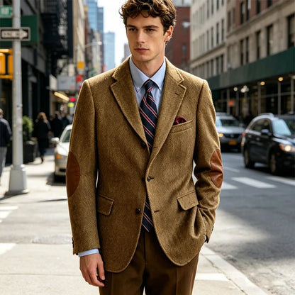 Men's Vintage Herringbone Tweed Blazer With Elbow Patch 2 Button Single Breasted Cotton Casual Slim Fit Business Jacket XS-7XL