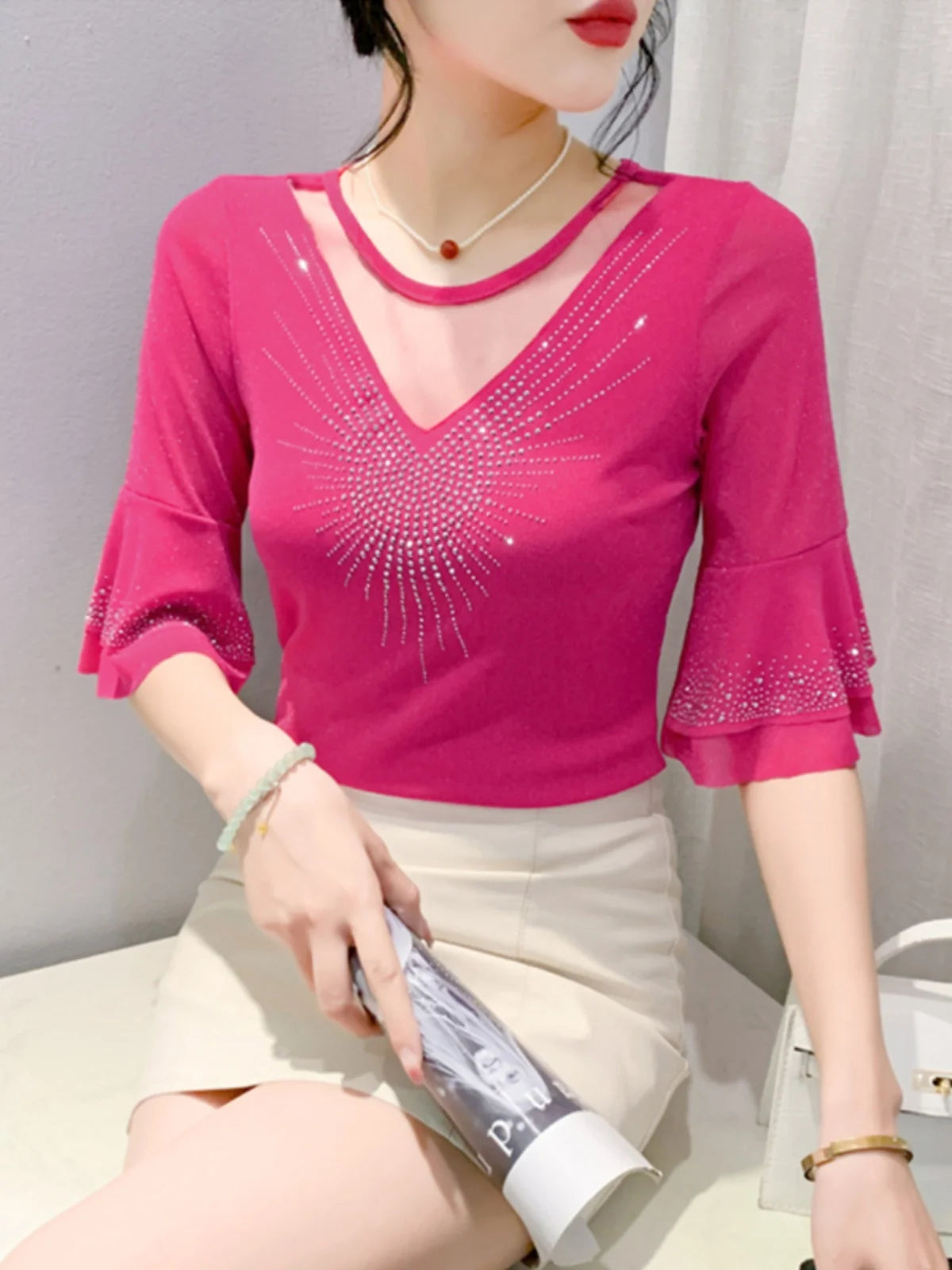 Sexy Hollow out Mesh Seven Quarter Sleeve Fashion Trend Summer T-Shirt Women Slimming Versatile Top Half Sleeve Small Shirt