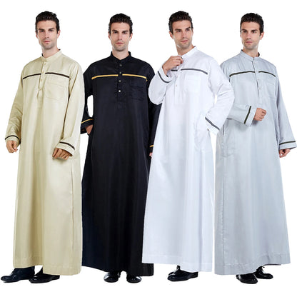 TH818 Men's Muslim Middle Eastern Men Long Sleeves Stand Collar Color-matching Button Robe Ramadan Eid Jubba Thobe