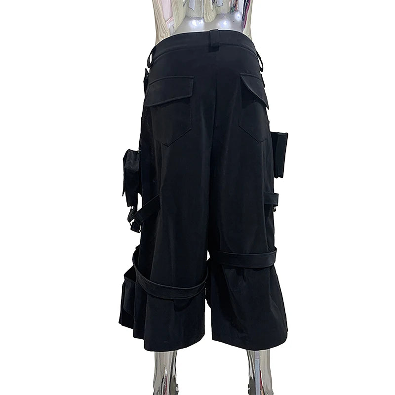 Nerazzurri Summer Matte Black Cargo Calf Length Straight Pants for Men with 3D Pockets High Waist Luxury Designer Emo Clothes