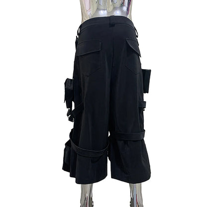 Nerazzurri Summer Matte Black Cargo Calf Length Straight Pants for Men with 3D Pockets High Waist Luxury Designer Emo Clothes