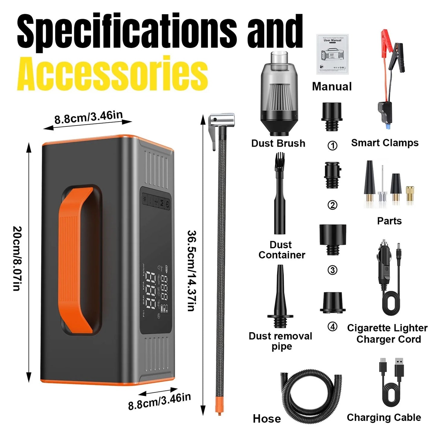 Integrated Jump Starter & Air Compressor — Button-Operated with Digital Display — Electric Tire Inflator Pump