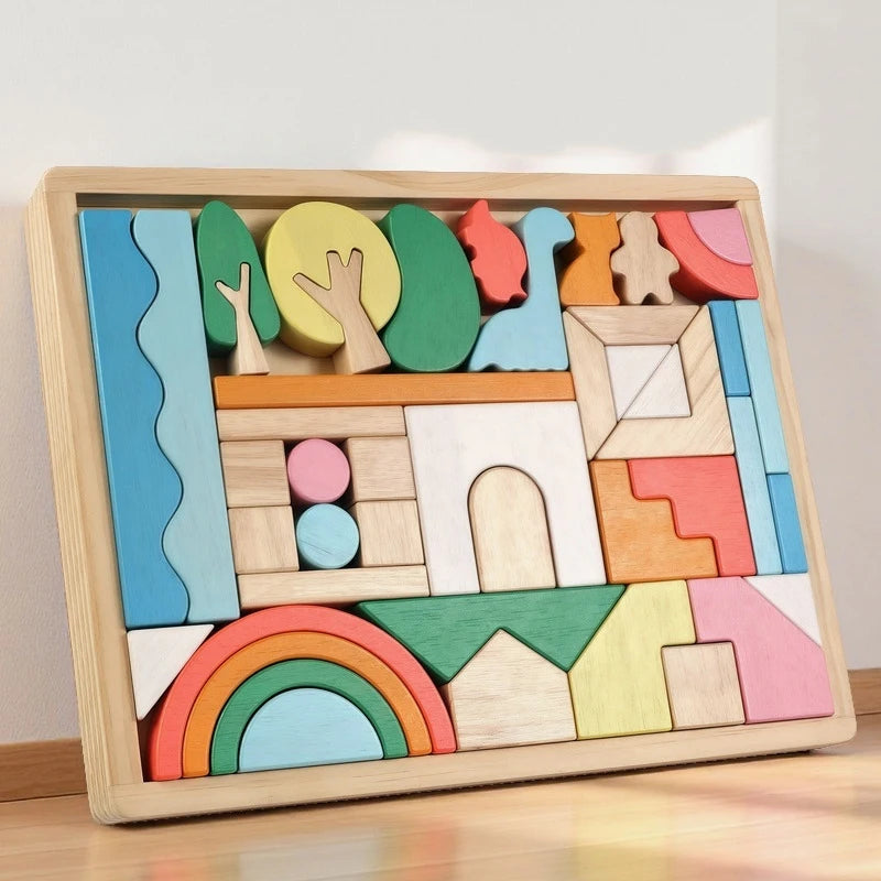 Big Size Wooden Blocks Rainbow Building Blocks Stacking Wood Toy Shape Color Cognitive Learning Toys Montessori Early Education