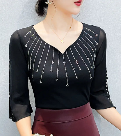 2026 Spring Summer Mesh Tops Korean Fashion Diamond T Shirt Slim 3/4 Sleeve Hollow Out Casual Women Shirt