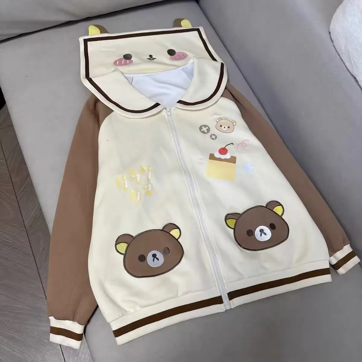 Cute Bear Hooded Zipper Jacket Sweatshirt Set Long Sleeve Autumn Winter Outfit Straight Leg Pants Medium Length Skirt