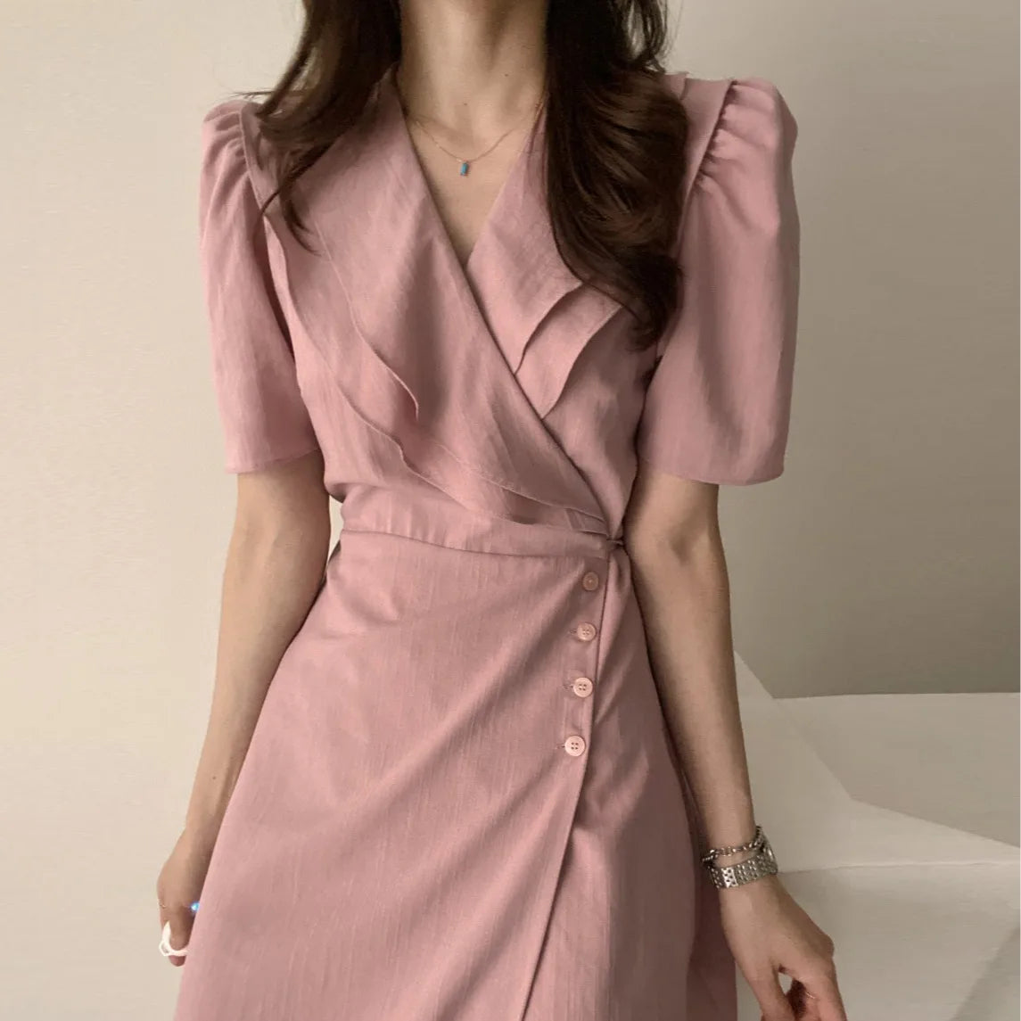 Retro Double Layered Collar Bubble Sleeve  Dress Elegant Short Sleeve V Neck Summer Casual Women's Dress