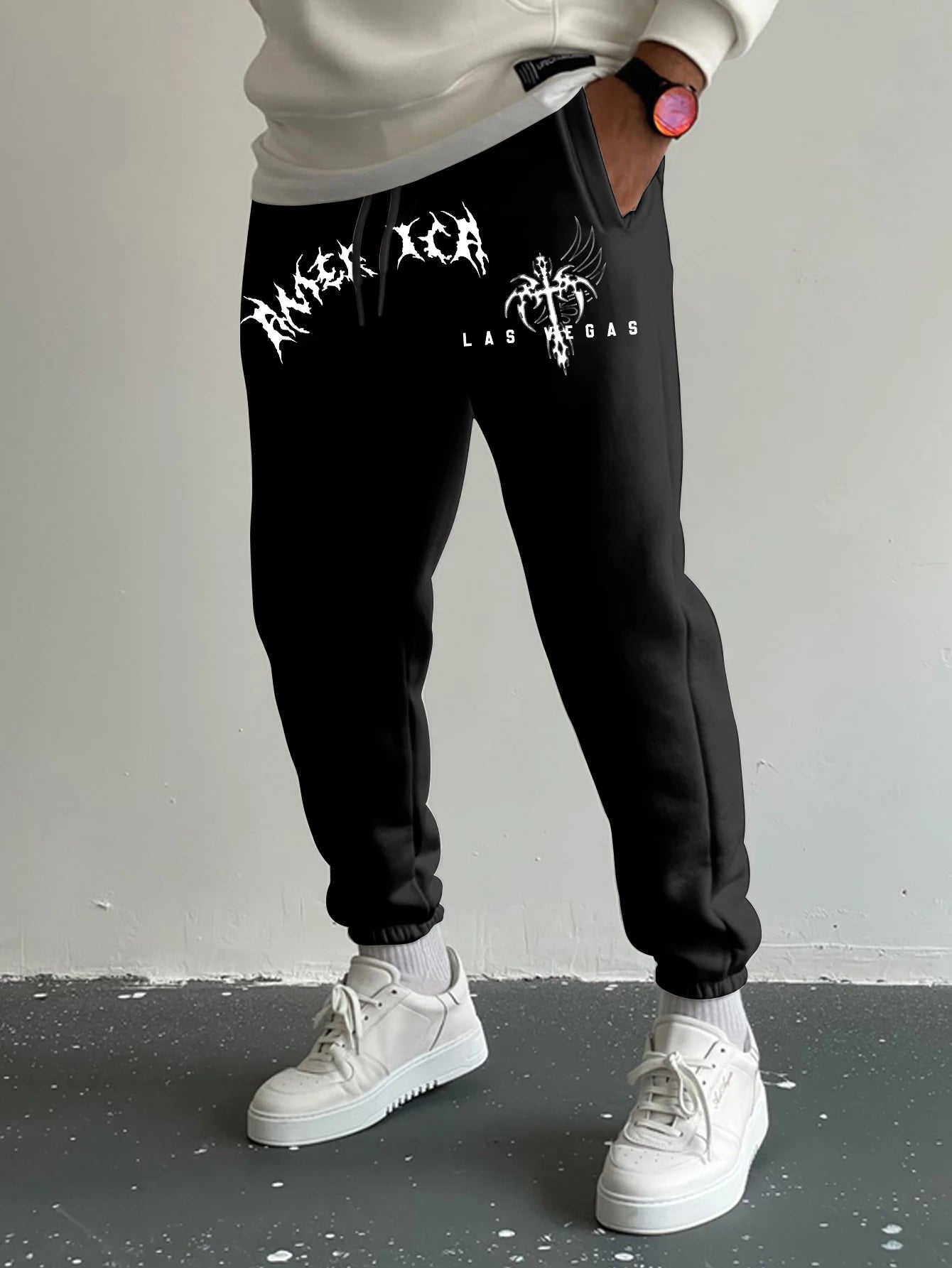 Men's Gothic Jagged Metal Font Wing Cross Las Vegas Print Sweatpants Elastic Waist Soft Dark Punk Street Hip Hop Joggers