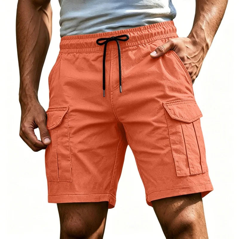 Men Solid Color Drawstring Cargo Shorts Elastic Waist Multi Pocket Loose Casual Summer Beach Short Pants