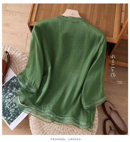Large Size Mom Embroidered irt Women's Spring New Cotton Linen irt High End f Sve Seven Sve Women's Top