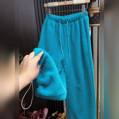 High-End Women's Thickened Fleece Drawstring Casual Pants Winter New Style Soft Drapey Warm Sweatpants Loose Wide Leg Trousers