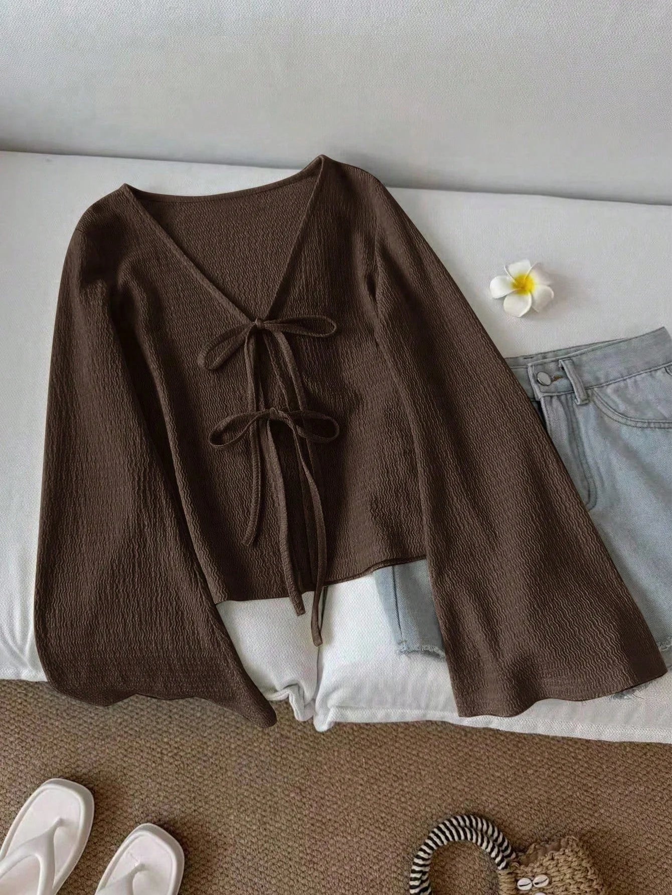 Ladies' Spring and Autumn Winter Brown Texture V-neck Strap Loose Casual Long sleeved T-shirt Top
