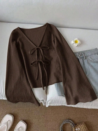Ladies' Spring and Autumn Winter Brown Texture V-neck Strap Loose Casual Long sleeved T-shirt Top