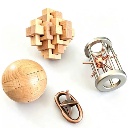 Metal and Wooden Brain Teaser Puzzles 3D Unlock Interlocking Disentanglement Educational Logic IQ Toys For Kids & Adults