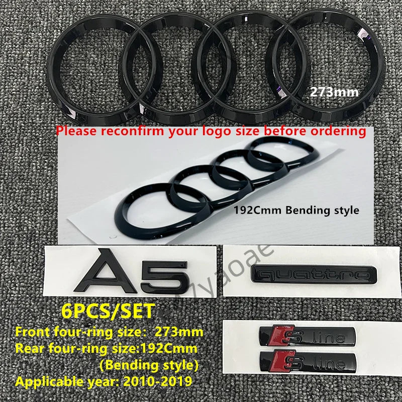 6/5Pcs 4Ring ABS Car Hood Front Grill Rear Trunk Emblem Stickers For Audi A3 A4 A5 A6 A7 Q2 Q3 Q5 Q8 S3 S4 S5 S6 RS3 RS4 RS5 RS6