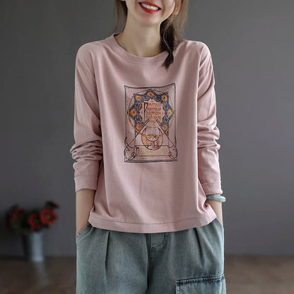 Retro Star Moon Pure Cotton Long Sleeve Pink Anti-Aging T-Shirt Women Loose Fashionable Spring Autumn Ladies Base Shirt Top