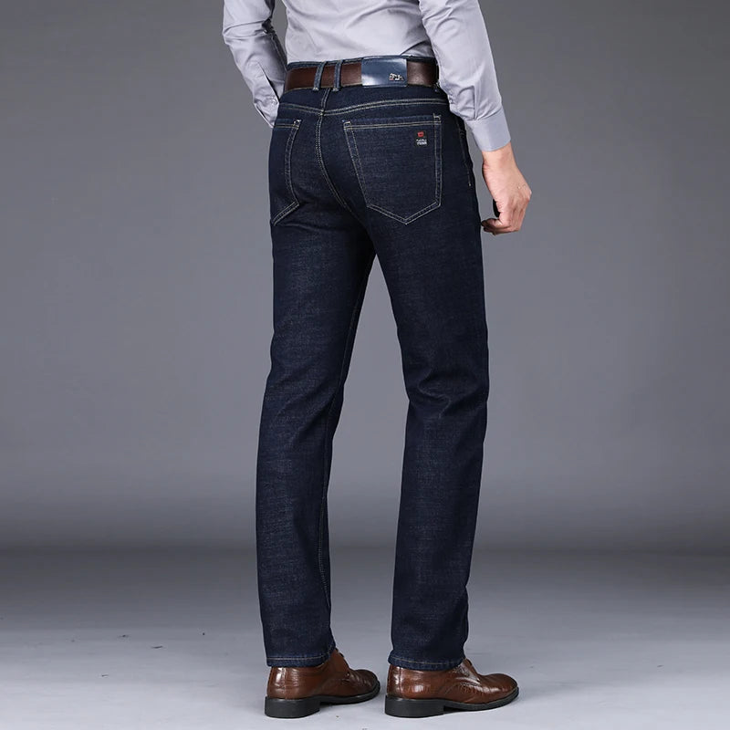 2025 Winter Warm Men's Jeans Fleece Thickened Elastic Straight Business Casual Denim Pants Plush Velvet Comfortable Trousers