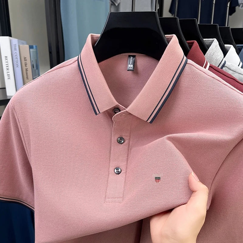 Summer men's exquisite embroidered short-sleeved POLO shirt 100% cotton breathable striped lapel daily business casual T-shirt