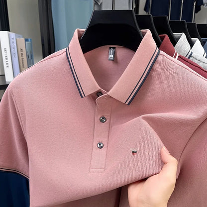 Summer men's exquisite embroidered short-sleeved POLO shirt 100% cotton breathable striped lapel daily business casual T-shirt