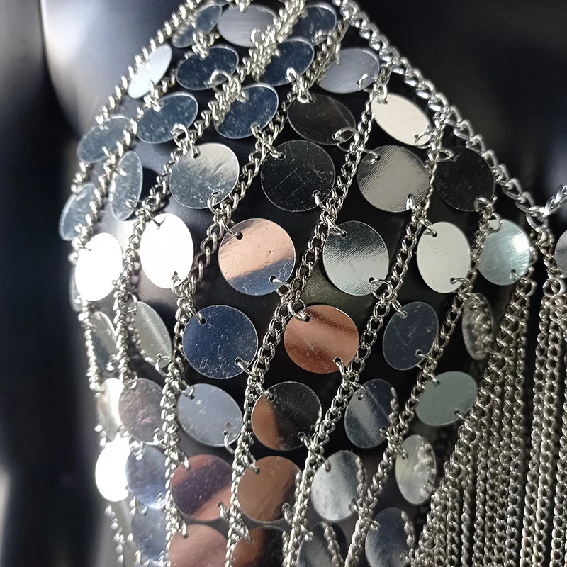 AKYZO Sequined Crop Tops for Women Metal Chain Tassel Nightclub Dance Wear Party Burning Outfits Plastic Tank Top Sexy Festival