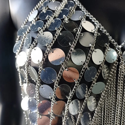 AKYZO Sequined Crop Tops for Women Metal Chain Tassel Nightclub Dance Wear Party Burning Outfits Plastic Tank Top Sexy Festival
