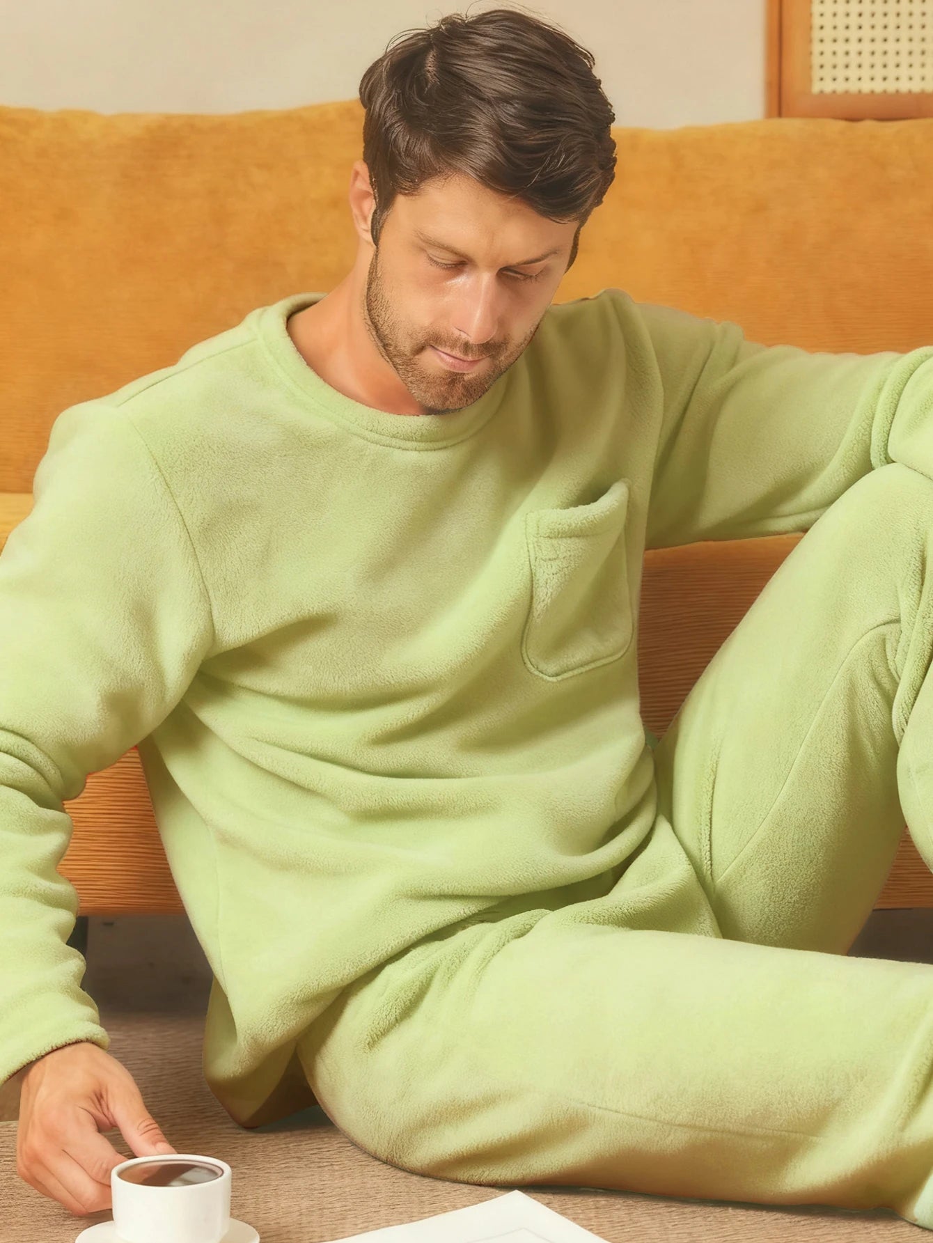 Men's Sleepwear Autumn/Winter Two Piece Set Coral Fleece Flannel Long Sleeve Long Pants Home Clothes with Thickened Velvet Set