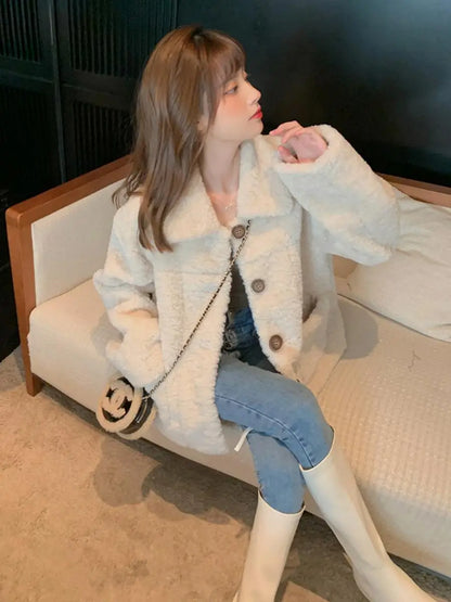 Lamb Fur Hoodie Jacket Women's Short Loose Style Korean Version Student Versatile Trendy Cardigan Top for Autumn Winter