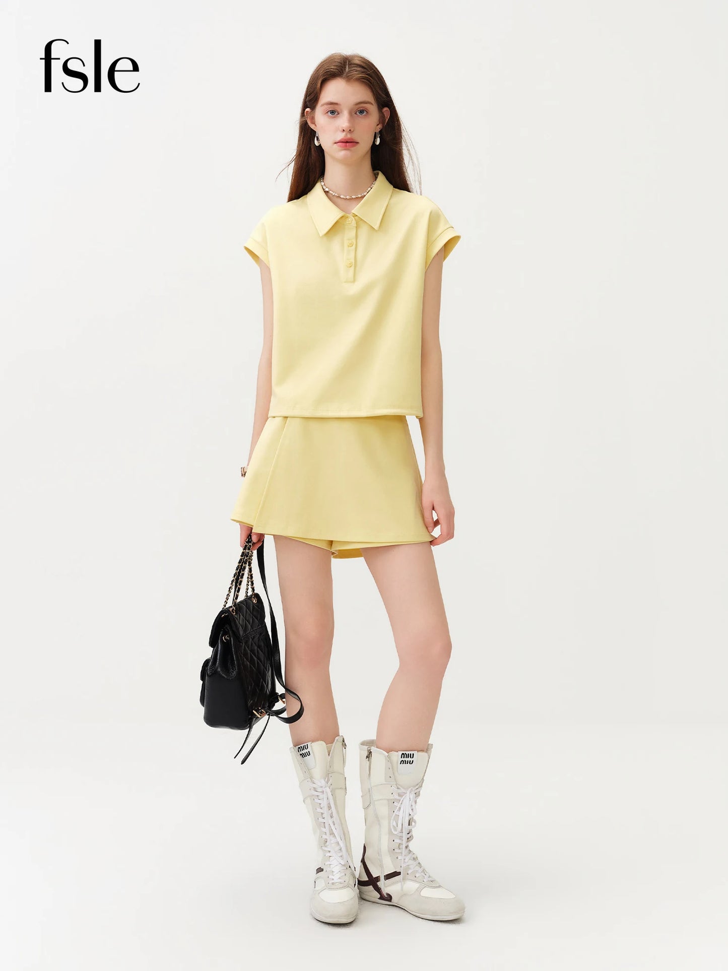FSLE 2026 Summer Women's Short Sleeves Polo Top Culottes Set, High-Rise Split-Joint Skirt Pants for Tennis Core Athflow Style