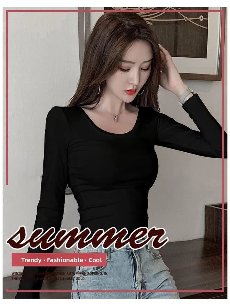 Women's Slim Fit Long Sleeve round Neck T-Shirt Base Layer Shirt Inner And Outer Wear Autumn Style Commute Korean Version