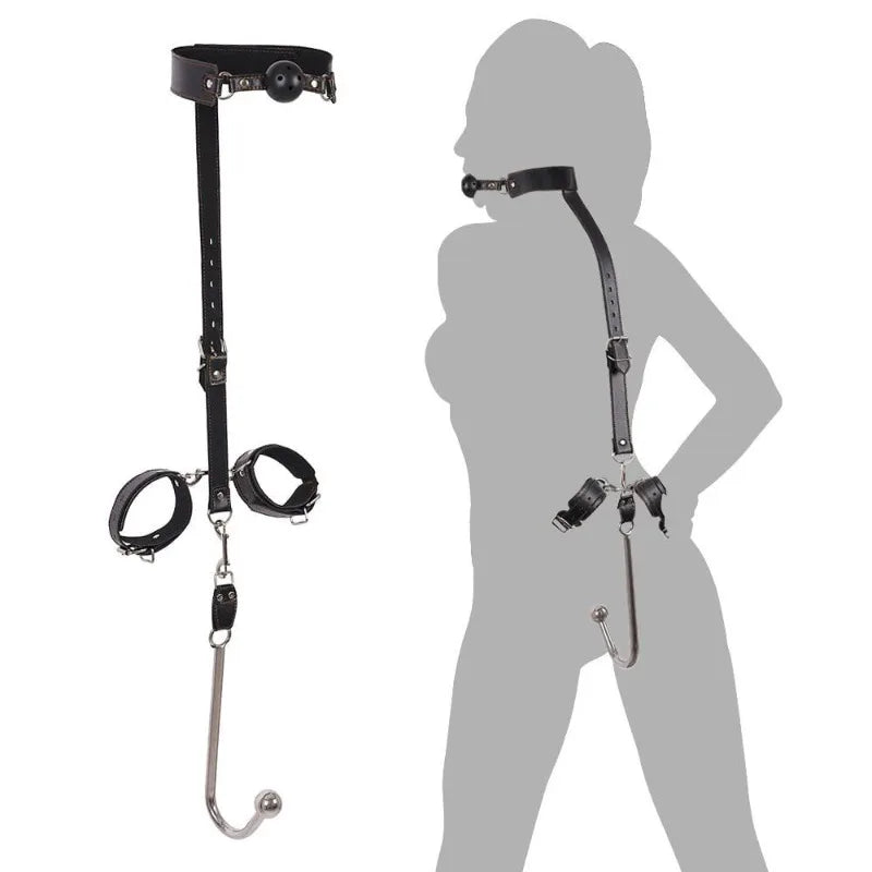 BDSM Guide of Adult Sex Products Backhand Mouth Plug Upper and Lower Handcuffs with Hooks Metal Anal Plug Leather Binding Toys