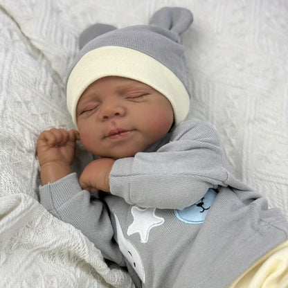 AONPENG 45cm 18inch Smiling Asleep Reborn Doll, Black Skin, Vinyl Limbs & Cloth Body, Handmade Collectible Birthday Gift