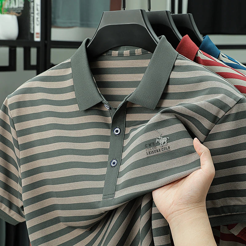 Spring New Men's Collar Polo Shirt Striped Cool Breathable T-shirt Base Shirt