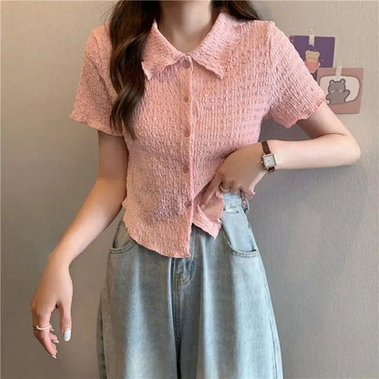 2026 New Korean Preppy Style Women's Polo Collar Short Sleeve Shirt Top Sweet Slimming Versatile Younger Looking