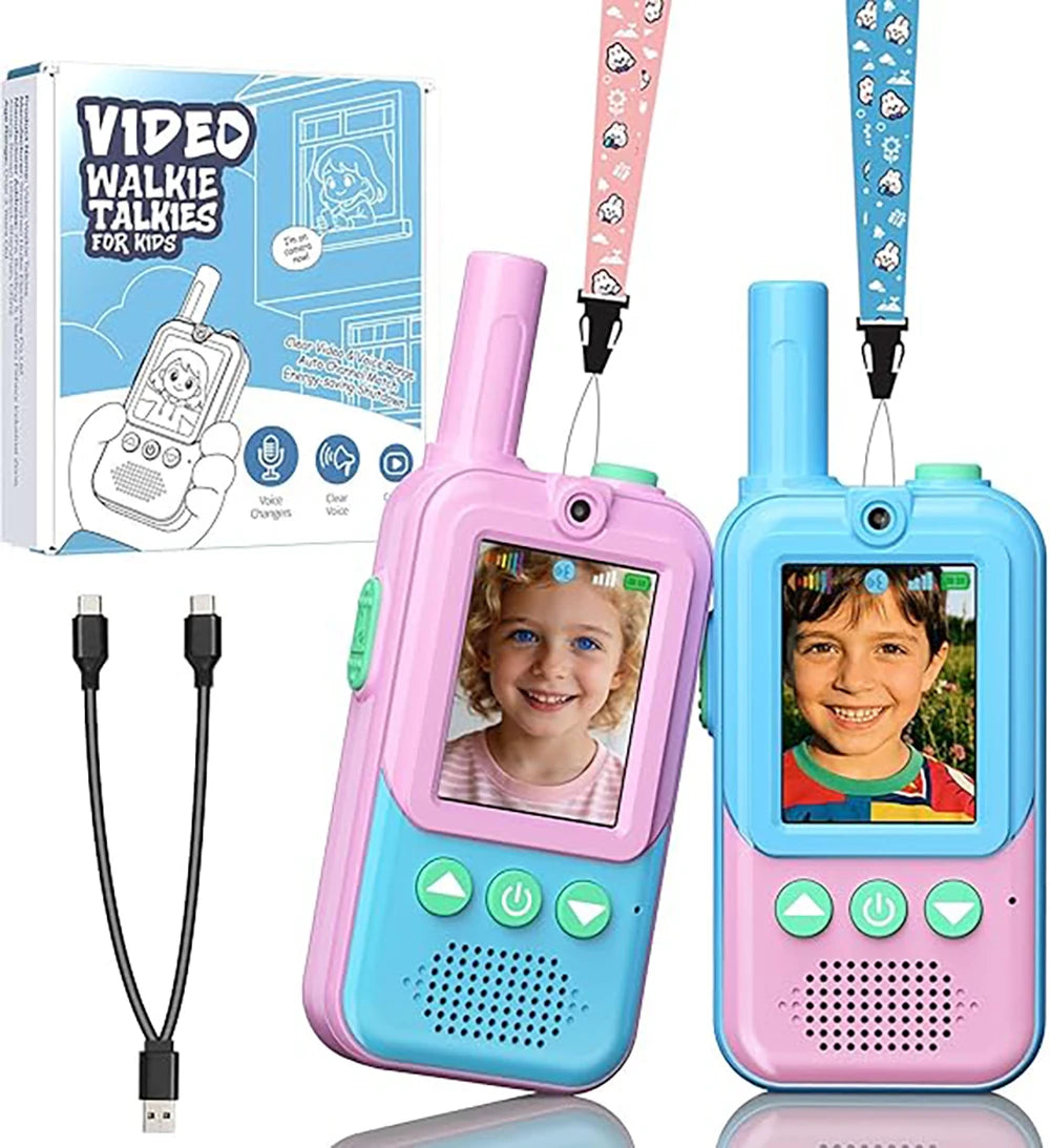 2 Pack Video Walkie Talkies for Kids Ages 3-12, 4 Voice Effects & Screen, Rechargeable, Perfect Holiday Gift for Boys Girls