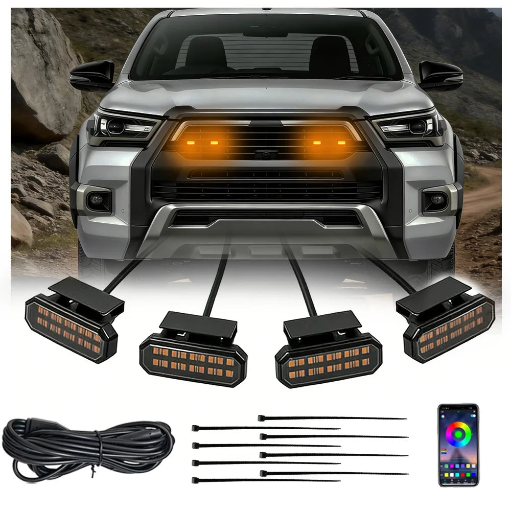 4PCS front grille light universal clip on car LED amber with wiring harness and fuse upgraded buckle grille light