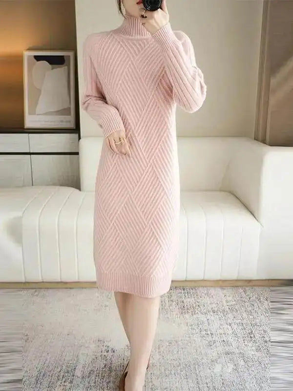 Thickened Winter Knitted Dress Women's Midi Knee-length Loose High-neck Fashionable Base Layer Dress Pure Color Long Sleeve