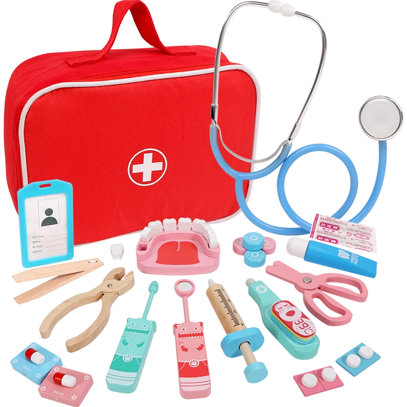 Wooden Pretend Play Doctor Educational Toys for Kids Home Play Medical Simulation Medicine Chest Set Nurse Dentist Role Play