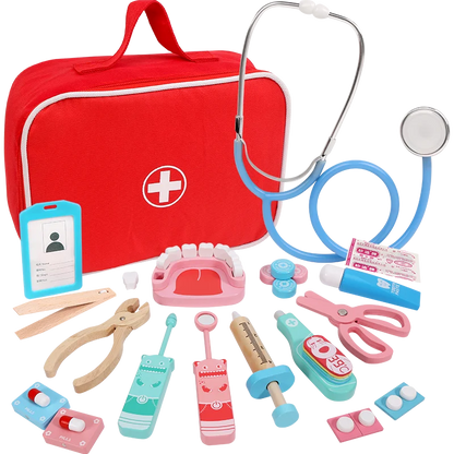 Wooden Pretend Play Doctor Educational Toys for Kids Home Play Medical Simulation Medicine Chest Set Nurse Dentist Role Play