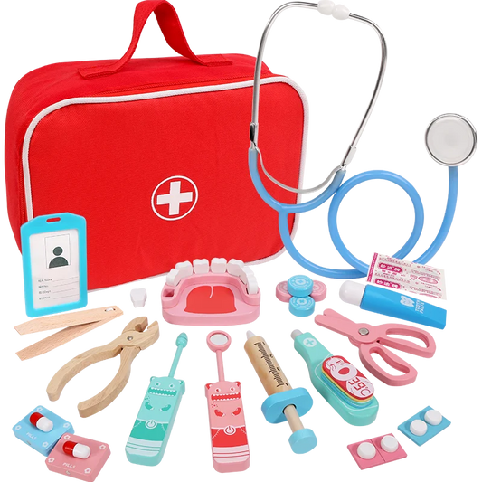 Wooden Pretend Play Doctor Educational Toys for Kids Home Play Medical Simulation Medicine Chest Set Nurse Dentist Role Play