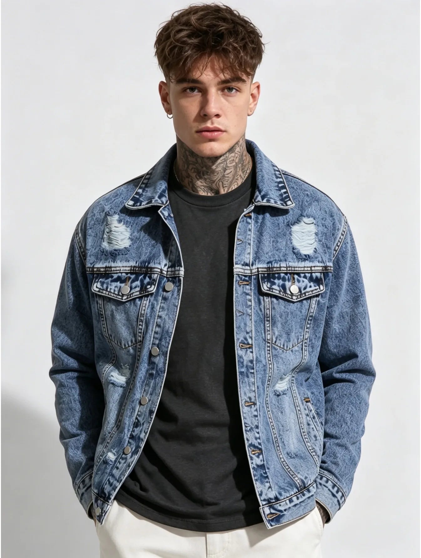 1PC Men’s Simple Solid Denim Jacket Daily Leisure Outerwear No Extra Decorations Excluding Hoodie Sweatshirt