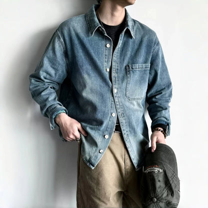 American Vintage Washed Distressed Denim Shirt Mens Plus Size Long Sleeve Spring Fall Casual Premium Trendy Classic Blue Tops