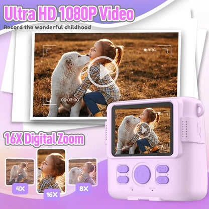 Instant Print Camera for Kids, HD Digital Video Cameras, Portable Toy for 4-10 Year Old Girls Boys with 32GB SD Card-Purple