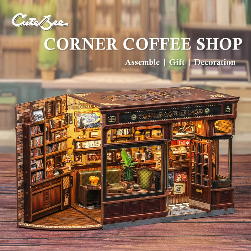 CUTEBEE Book Nook Kit 3D DIY Dollhouse with LED Light Bookshelf Insert Street Shop Series Miniature Model For Home Party Decor