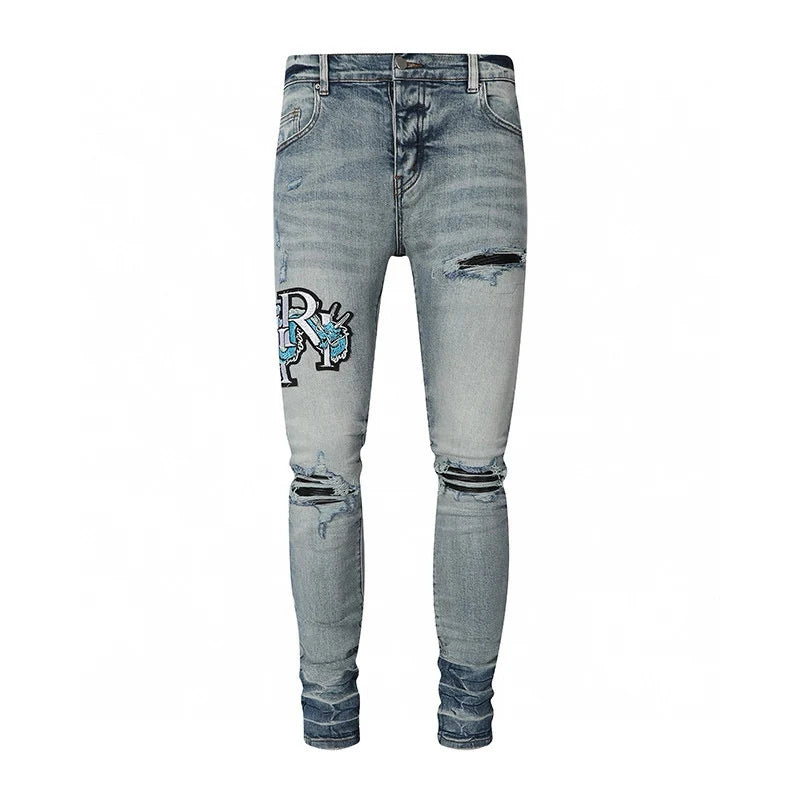 Retro Men's Light Blue Jeans Y2K Fashion High Street Hip Hop Brand Pants with Perforation Patch Nostalgic Washed Letter Design