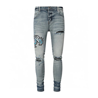 Retro Men's Light Blue Jeans Y2K Fashion High Street Hip Hop Brand Pants with Perforation Patch Nostalgic Washed Letter Design