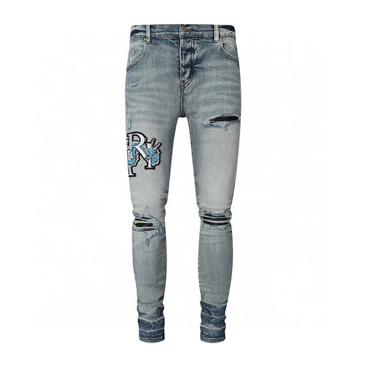 Retro Men's Light Blue Jeans Y2K Fashion High Street Hip Hop Brand Pants with Perforation Patch Nostalgic Washed Letter Design