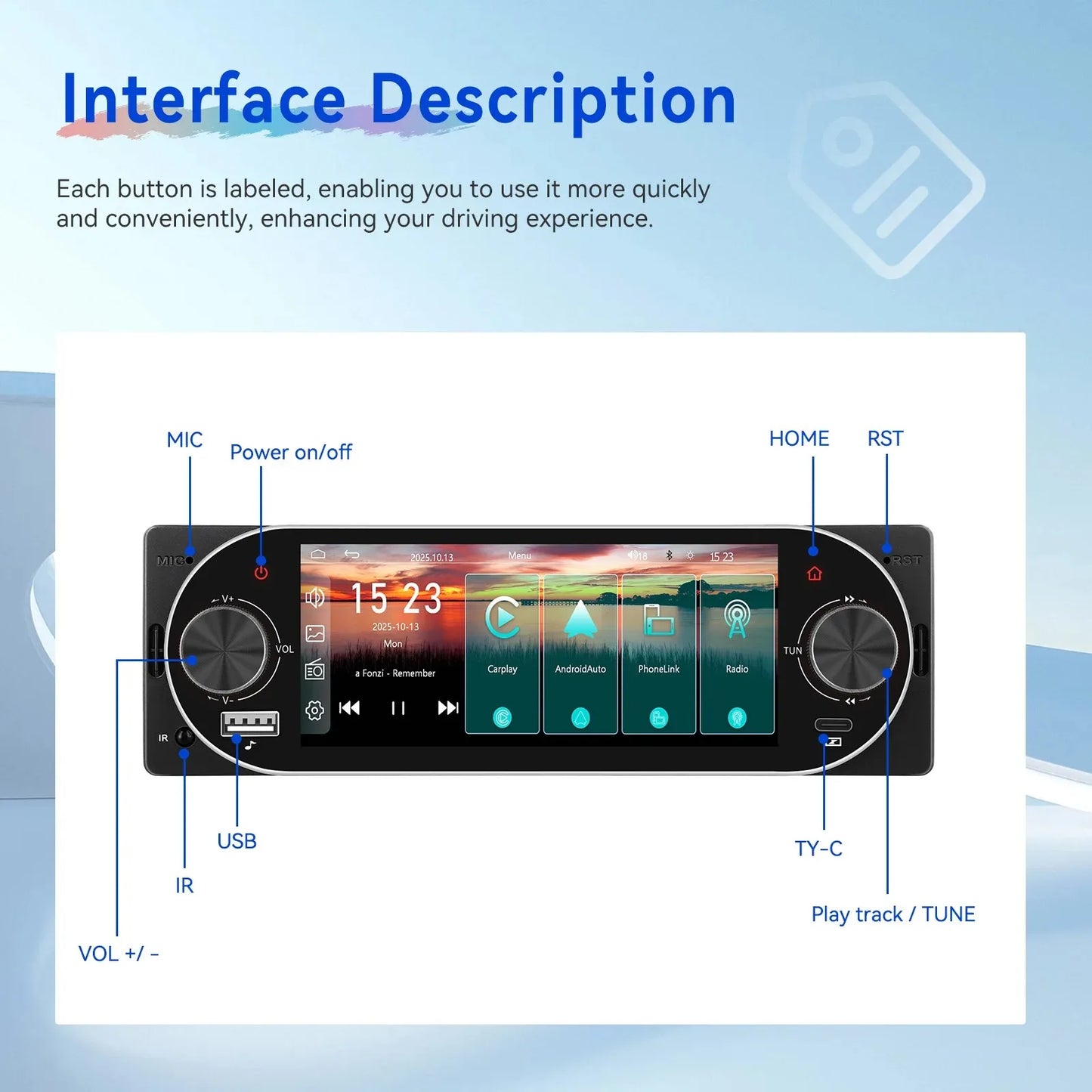 5.1Inch 1Din Car Radio MP5 IPS HD Player Support Wireless Carplay Android Auto Bluetooth FM AM RDS Stereo USB WIFI Video Player