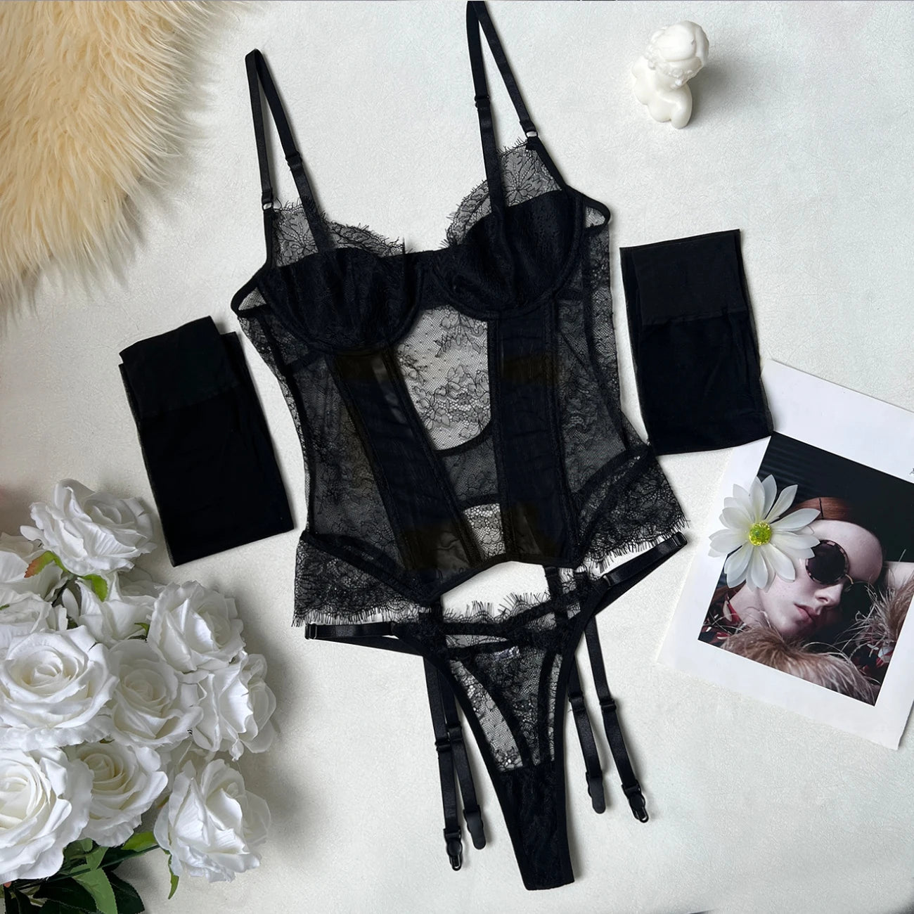 Ellolace Willowy Women's Lingerie Sets Elegant Eyelash Lace Corset Thong 2PC with Stockings Stiff Cougar Intimate Underwear