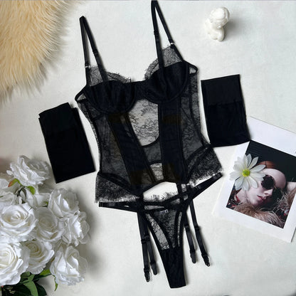 Ellolace Willowy Women's Lingerie Sets Elegant Eyelash Lace Corset Thong 2PC with Stockings Stiff Cougar Intimate Underwear